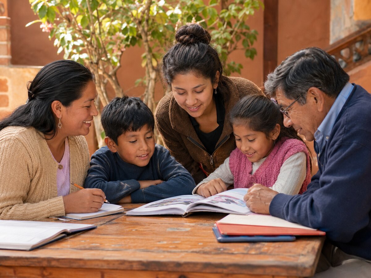 Familia y comunidad boliviana compartiendo un espacio de aprendizaje