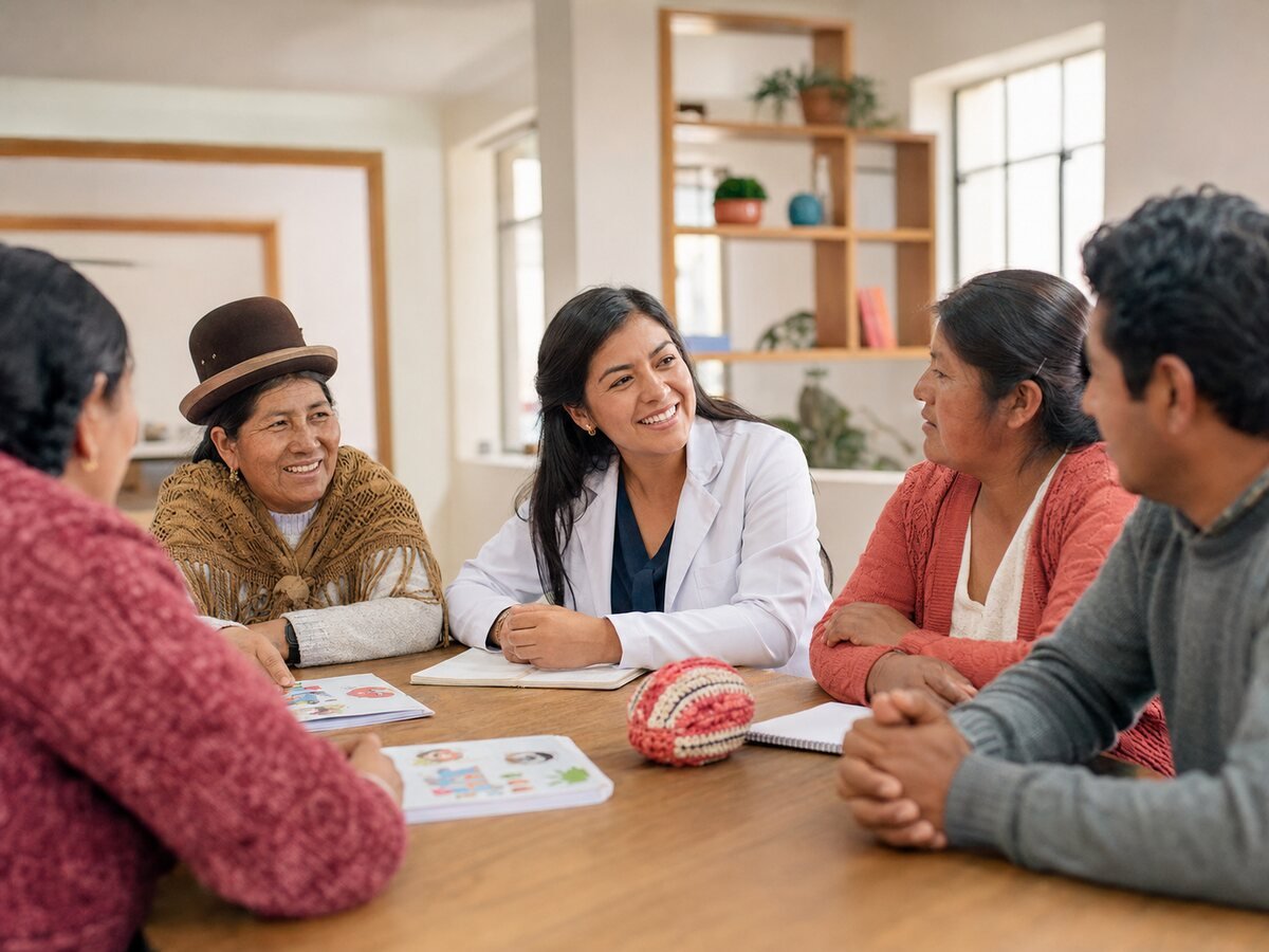 Profesional de salud y comunidad boliviana durante una actividad de orientación